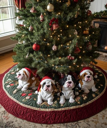 Festive Quilted Bulldog Tree Skirt — Cheerful Bulldog Christmas Décor, Reversible Patchwork, Soft Backing & Easy Machine Care