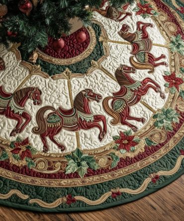 Festive Carousel Horse Quilted Tree Skirt — Playful Holiday Carousel Design, Durable Quilting, Bright Seasonal Statement Piece