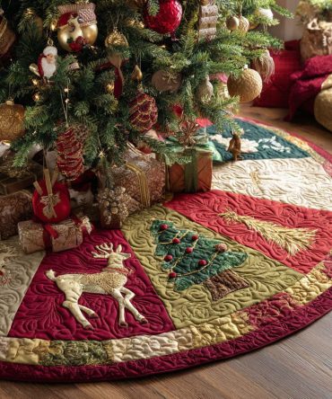 Festive Cheerland Quilted Tree Skirt - 60In Vivid Holiday Skirt, Colorful Quilting For Joyful Christmas Displays