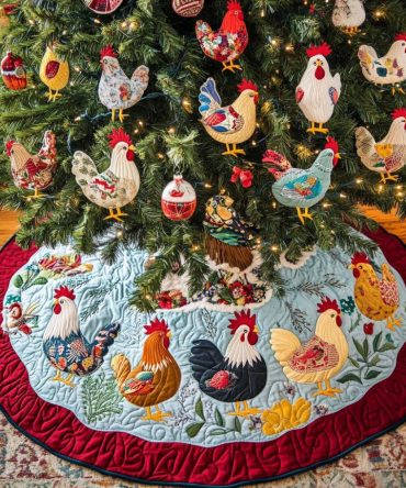Festive Chickens Quilted Tree Skirt — Bright Farmhouse Chicken Motifs, Cozy Quilting & Durable Holiday Base Cover For Christmas Trees