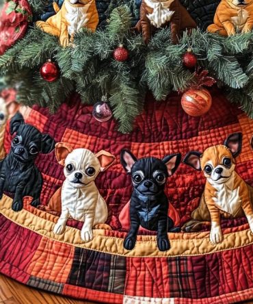 Festive Chihuahua Cheer Quilted Tree Skirt — Cheerful Chihuahua Holiday Design, Generously Sized, Easy-Care Quilted Christmas Accent