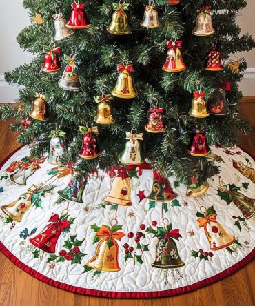 Festive Chimes Quilted Tree Skirt — Joyful Holiday Motif, Plush Quilting, Reversible Christmas Skirt With Easy-Care Fabric For Family Traditions