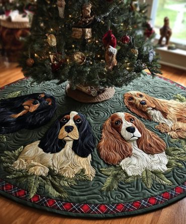 Holiday Quilted Tree Skirt With Cocker Spaniel Motif — Festive Whirl Design, Soft Luxury Christmas Tree Accent For Dog Lovers