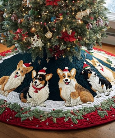 Festive Corgi Parade Quilted Tree Skirt — Playful Holiday Decor With Durable Quilting, Plush Trim, Easy-Use Closure, 48" Diameter