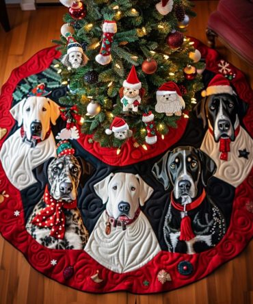 Festive Wonderland Quilted Christmas Tree Skirt — Great Dane Holiday Scene, Plush Quilted Texture, Classic Seasonal Décor Accent