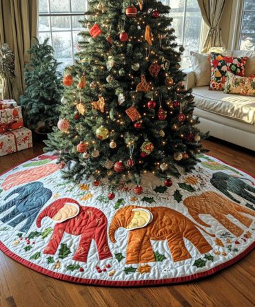 Festive Elephants Quilted Tree Skirt — Playful Christmas Base Cover With Whimsical Animal Motif For Joyful Holiday Displays