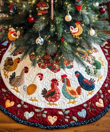 Festive Feathers Quilted Christmas Tree Skirt — Elegant Poultry-Themed Holiday Skirt For Farmhouse & Cottage Décor