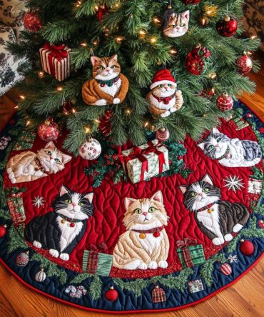 Festive Felines Quilted Christmas Tree Skirt — Whimsical Cat Holiday Art, Cozy Quilting, Stylish Seasonal Accent For Cat Lovers
