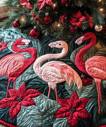Festive Flamingos Quilted Christmas Tree Skirt — Colorful Tropical Holiday Tree Skirt, Durable Quilted Fabric Adds Joy To Your Décor