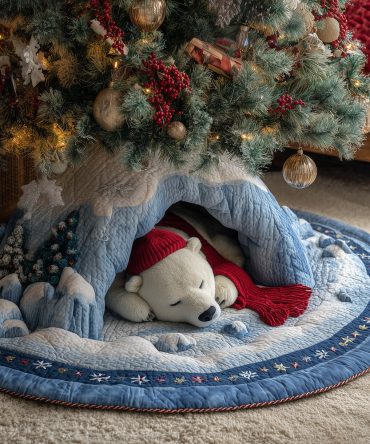 Festive Forest Quilted Bear Tree Skirt — 48In Woodland Christmas Skirt, Reversible Holiday Base With Plush Polyester, Easy Care
