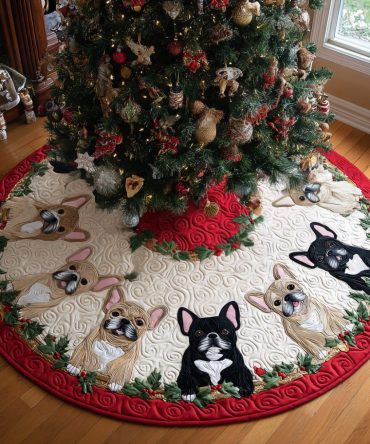 Festive Frenchie Cheer Quilted Tree Skirt - Playful Holiday Accent For French Bulldog Lovers, Soft Quilted Base