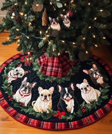 Festive Frenchies Quilted Christmas Base — Decorative French Bulldog Tree Skirt, Plush Holiday Accent For Pet-Friendly Homes