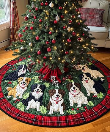 Festive Fur Friends Quilted Christmas Tree Skirt — Cute Dog Breed Holiday Tree Skirt, Soft Backing, Machine-Washable & Gift-Ready