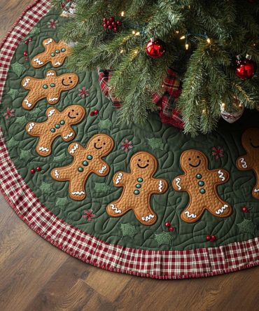Festive Gingerbread Lane Quilted Tree Skirt - Classic Cookie Village Holiday Decor, Soft Finish & Charming Patchwork