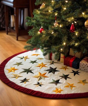 Festive Glow Quilted Tree Skirt - 48-Inch Illuminated Look With Metallic Thread, Warm Holiday Colors, Machine Washable