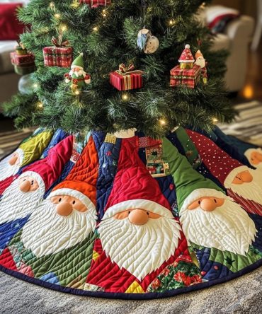 Festive Gnomes Quilted Christmas Tree Skirt — Colorful Holiday Base With Durable Quilting, Elevate Your Seasonal Decor Instantly