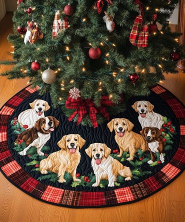 Festive Golden Retriever Quilted Tree Skirt — Joyful Dog-Themed Holiday Accent With Soft Padding & Easy Fastening, Ideal For Family Traditions