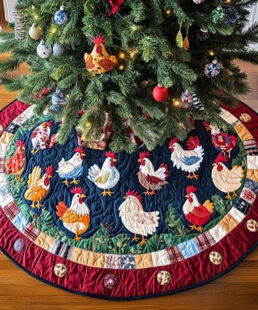 Gathered Hens Quilted Christmas Tree Skirt, Charming Farmhouse Design, Reversible Patchwork, Soft Quilted Cotton Blend, Ideal Holiday Accent, Fits Most Trees, Perfect For Living Room Or Cottage