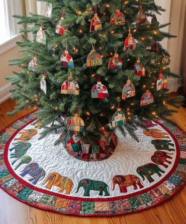 Festive Herd Quilted Tree Skirt — Charming Animal Motifs, Premium Cotton & Batting, 48" Round Holiday Centerpiece