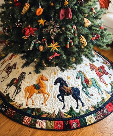Quilted Holiday Horse Christmas Tree Skirt - Festive Farmhouse Tree Base Cover, Plush Cotton Blend, Decorative Holiday Décor