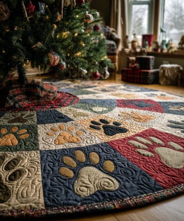 Festive Paws Quilted Christmas Tree Skirt — Bright & Cheerful Pawprint Design For Holiday Trees, Pet-Friendly Rooms & Gift Giving