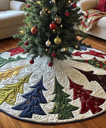 Festive Pine Elegance Quilted Christmas Tree Skirt — Refined Pine Holiday Skirt , Luxury Quilted Finish For Traditional & Modern Homes