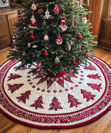 Festive Pines Quilted Holiday Tree Skirt — Evergreen Pine Motif Patchwork For Christmas Trees, Heavy-Duty Quilting, Wrinkle-Resistant & Washable
