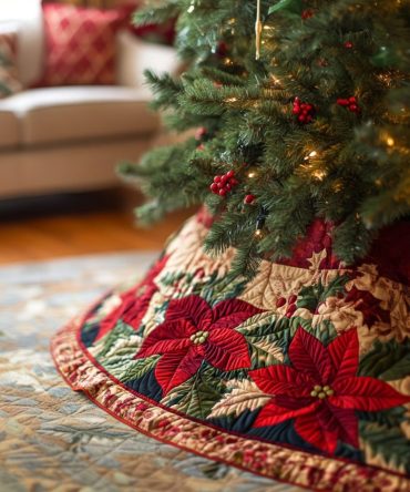 Festive Poinsettia Quilted Tree Skirt — 48In Vibrant Holiday Base With Bold Floral Design, Soft Quilting & Gift-Ready Appeal