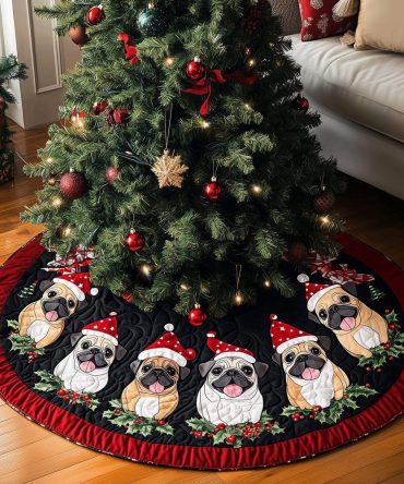 Festive Pug Party Quilted Tree Skirt — Playful Pug Christmas Decor, Durable Stitching, Reversible & Machine-Washable For Easy Care