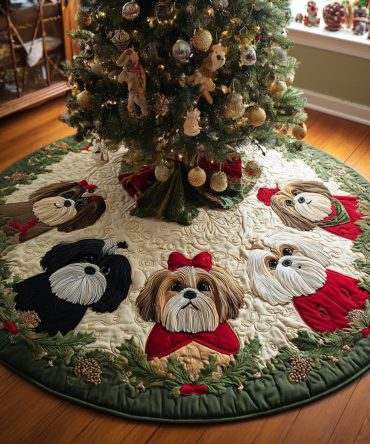 Premium Quilted Christmas Tree Skirt Featuring Festive Shih Tzu Artwork — Plush Holiday Tree Mat, Machine-Washable, Durable Gift For Pet Lovers