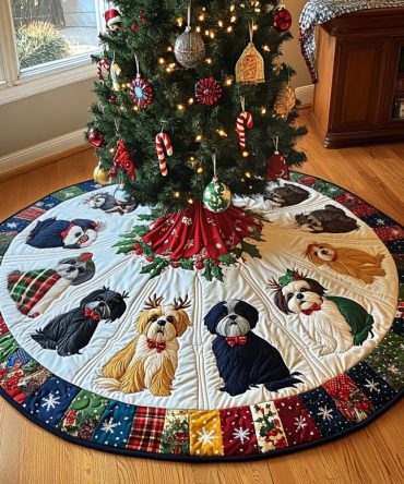 Festive Shih Tzu Joy Quilted Tree Skirt — Bright Holiday Dog Décor, 48 Inch Reversible, Soft Quilting, Machine Washable Gift For Dog Lovers