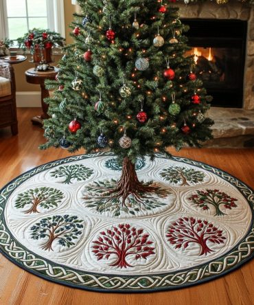 Festive Tree Quilted Christmas Tree Skirt — Classic Pine & Ornament Holiday Skirt, 48In Cotton Blend, Thick Quilting, Easy Care