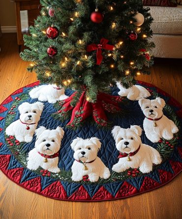 Festive Westie Quilted Christmas Tree Skirt — Cheerful West Highland Terrier Design, Durable Quilted Holiday Tree Skirt For Home