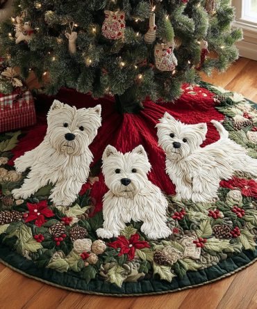 Festive Westie Spirit Quilted Tree Skirt — Cheerful West Highland Terrier Christmas Base Cover, Quilted Holiday Decor For Dog Fans