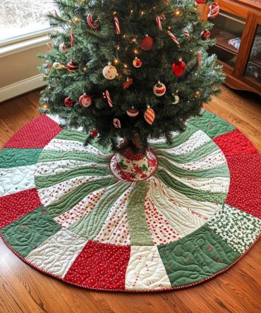 Festive Whirl Quilted Christmas Tree Skirt — Dynamic Holiday Pattern With Quilted Texture, Standout Seasonal Accent For Tree Styling