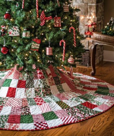 Festive Whirl Quilted Christmas Tree Skirt , 60" Round Holiday Tree Collar - Textured Quilting, Durable & Machine Washable