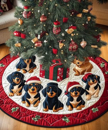 Festive Wiener Wonderland Quilted Tree Skirt — Playful Dachshund Holiday Decor, Soft Backing & Easy-Fasten Design For Charming Seasonal Styling