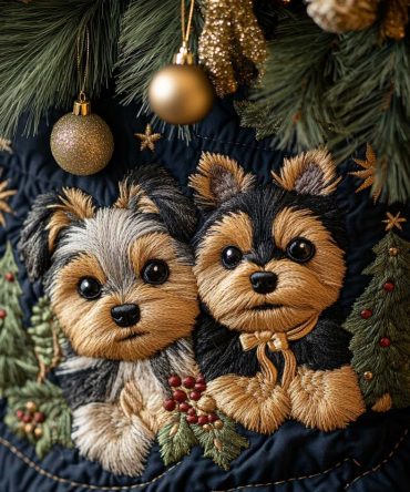 Festive Yorkie Quilted Christmas Tree Skirt - Holiday Patchwork & Velvet Trim, 48" Diameter Elegant Dog-Themed Base Décor