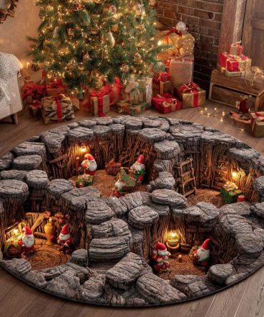 Firelit Stone Round Area Rug — Rustic Cavern Gnome Accent Carpet For Hallways & Living Rooms, Plush, Non-Slip Backing, Holiday Warmth