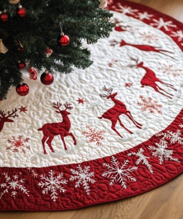 Fireside Fables Quilted Holiday Tree Skirt — Cozy Patchwork Christmas Decor With Premium Quilting, Machine-Washable