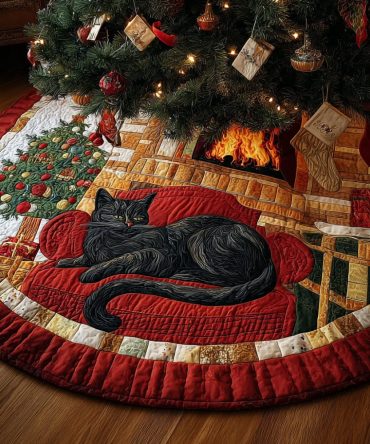 Fireside Gaze Quilted Tree Skirt — Rustic Holiday Tree Skirt With Thick Quilting & Cozy Fireplace-Inspired Style