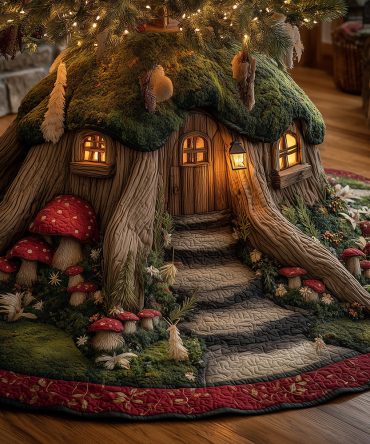 Firfolk Cozy Home Quilted Christmas Tree Skirt - Rustic Evergreen Village Design, Warm Holiday Tree Base Decor For Festive Rooms