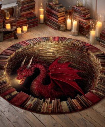 Flame Of Knowledge Round Area Rug — Warm Golden Book-Themed Accent Rug For Study, Library, Office & Learning Spaces