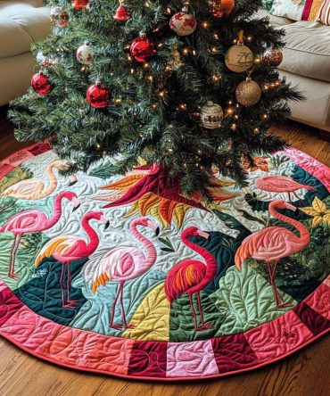 Flamingo Ballet Quilted Christmas Tree Skirt — Elegant Ballet Pink Holiday Tree Skirt, Soft Quilted Design For Living Room Cheer