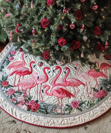 Flamingo Holiday Quilted Christmas Tree Skirt — Tropical Pink Festive Tree Skirt, Plush Quilted Accent For Home & Gifts
