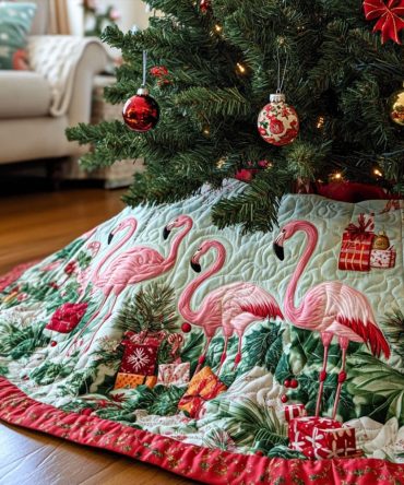 Flamingo Paradise Quilted Christmas Tree Skirt - Lively Flamingo & Tropical Print Holiday Skirt, Quilted Decorative Base