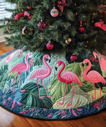 Flamingo Wonderland Quilted Christmas Tree Skirt - Whimsical Flamingo Holiday Skirt, Quilted Tropical Décor For Bright Celebrations