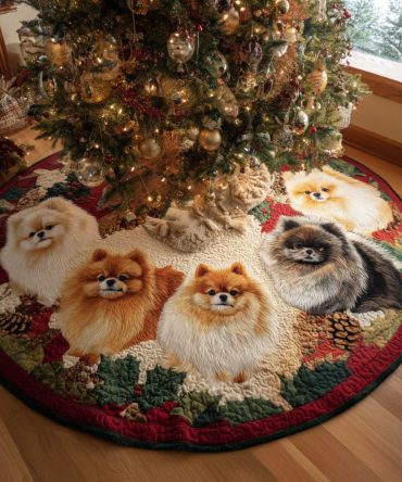 Fluffy Holiday Quilted Tree Skirt: Luxurious Faux-Fur Pom Trim, Ultra-Soft Plush Base Perfect For Festive Living Spaces