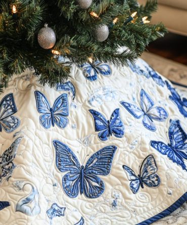 Premium Fluttering Dreams Quilted Christmas Tree Skirt — Elegant Butterfly Holiday Mat, 52-Inch Cotton, Durable & Washable