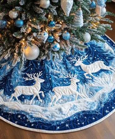 Flying Hooves Quilted Christmas Tree Skirt - Dynamic Reindeer Motif Holiday Tree Skirt For Elegant Seasonal Displays